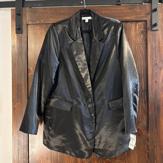 And Now This Plus Size One-Button Black Satin Blazer NWT