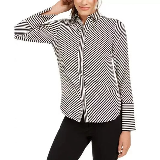 ANNE KLEIN Black and White Asymmetrical Striped Button Down Formal Shirt NWT
