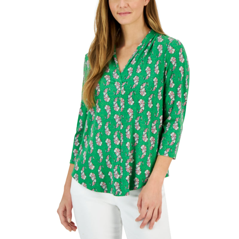 Charter Club Women's Size Large Green Floral Printed V-Neck 3/4-Sleeve Top NWT