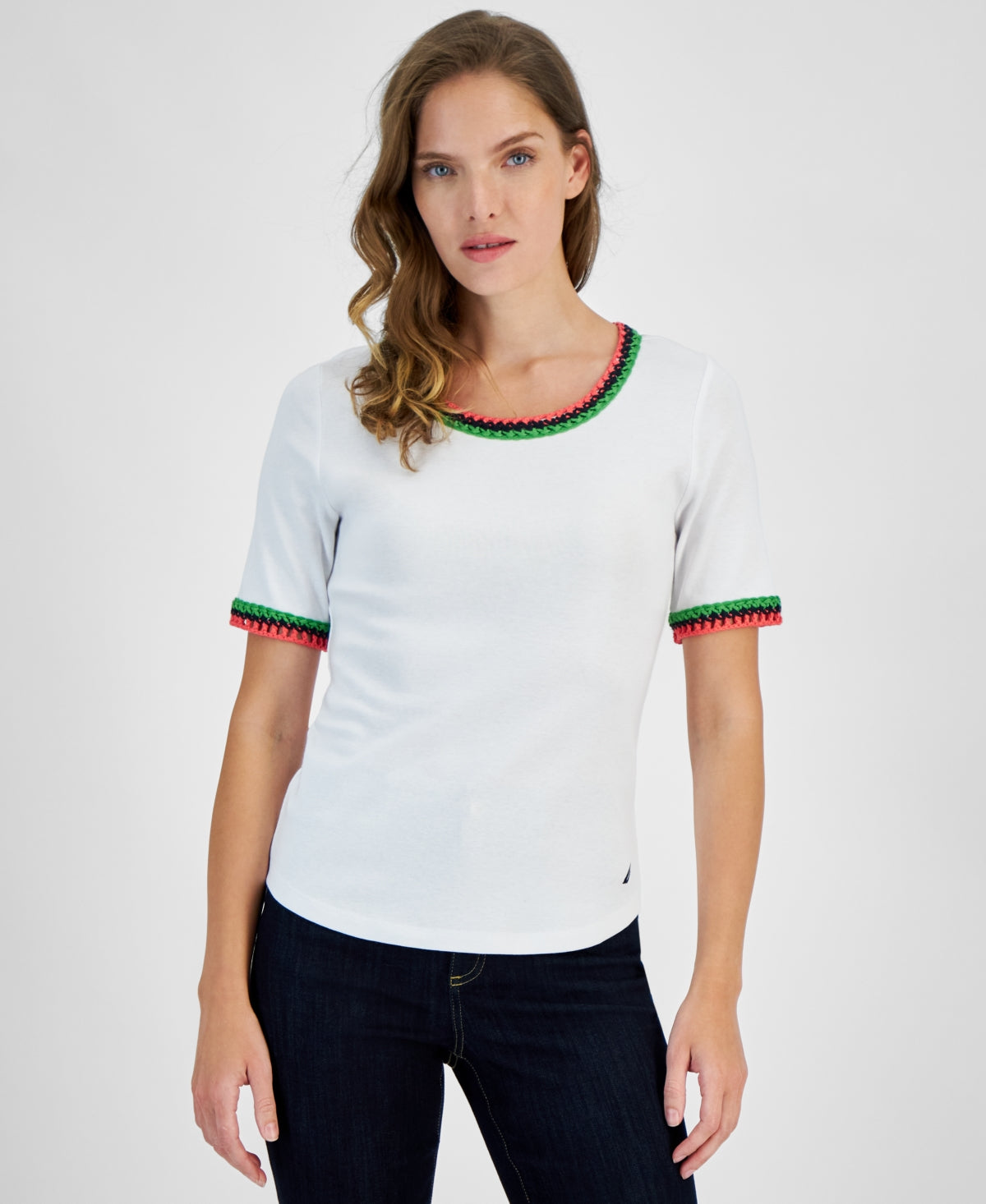 Nautica Jeans Size Medium White Crochet Trim Tee Short Sleeve T-Shirt NWT