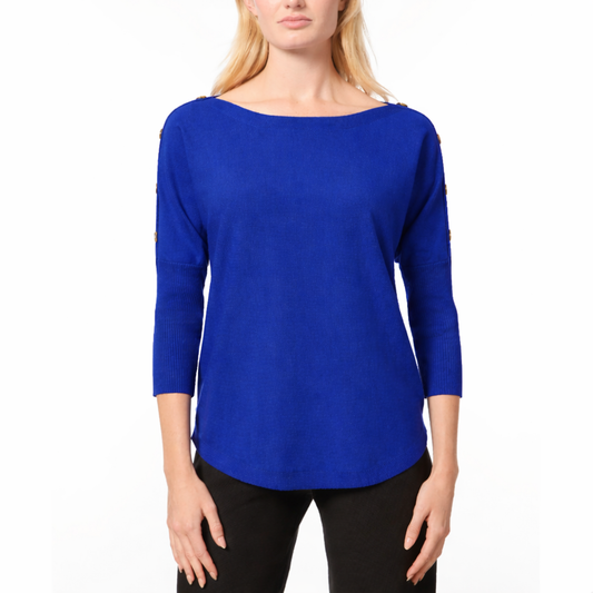 Melissa Paige Medium Petite Blue Dolman-Sleeve Buttoned-Sleeve Sweater NWT