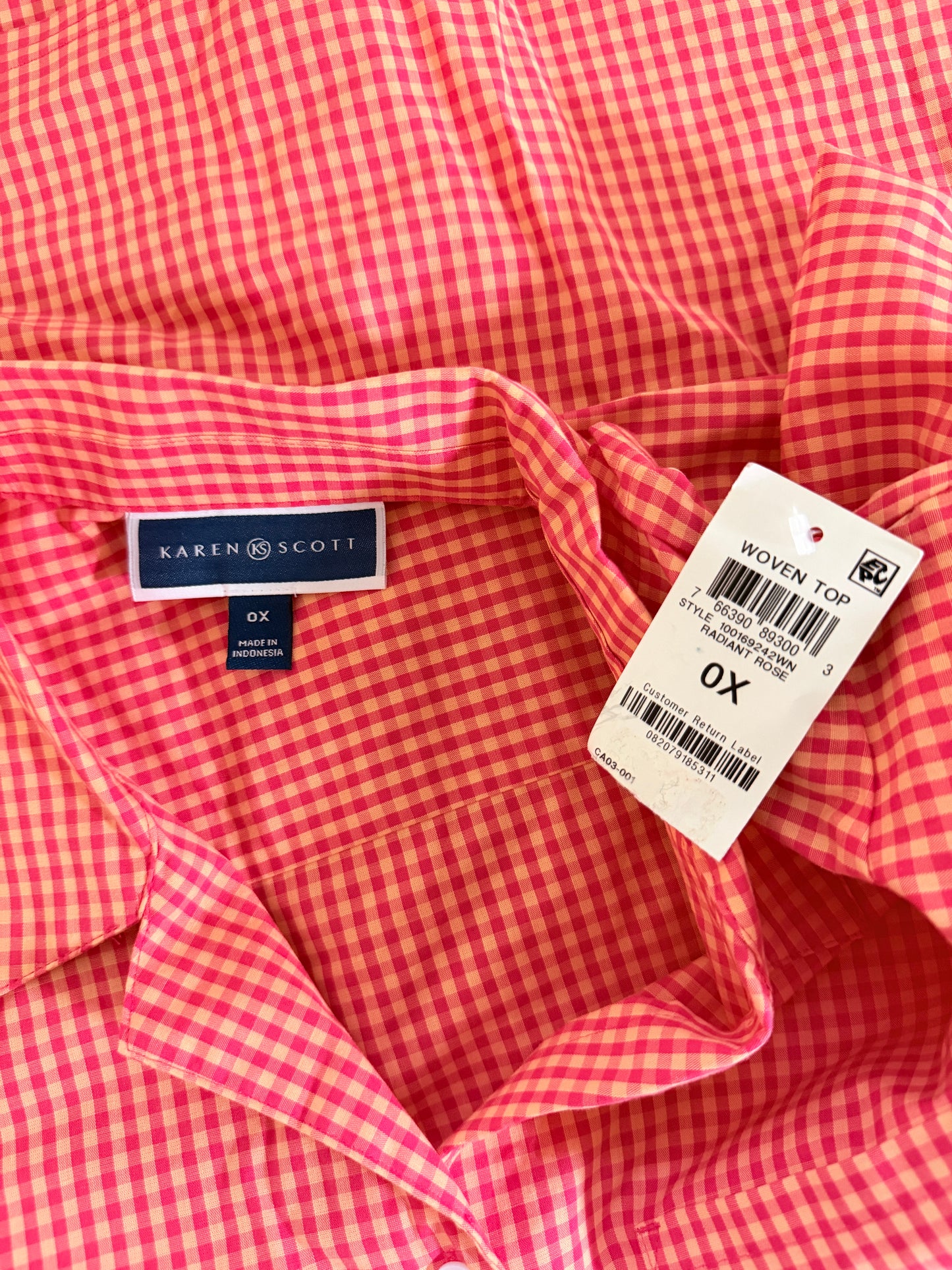 Karen Scott Women's Plus Size Red & Peach Gingham Button-Down Shirt NWT