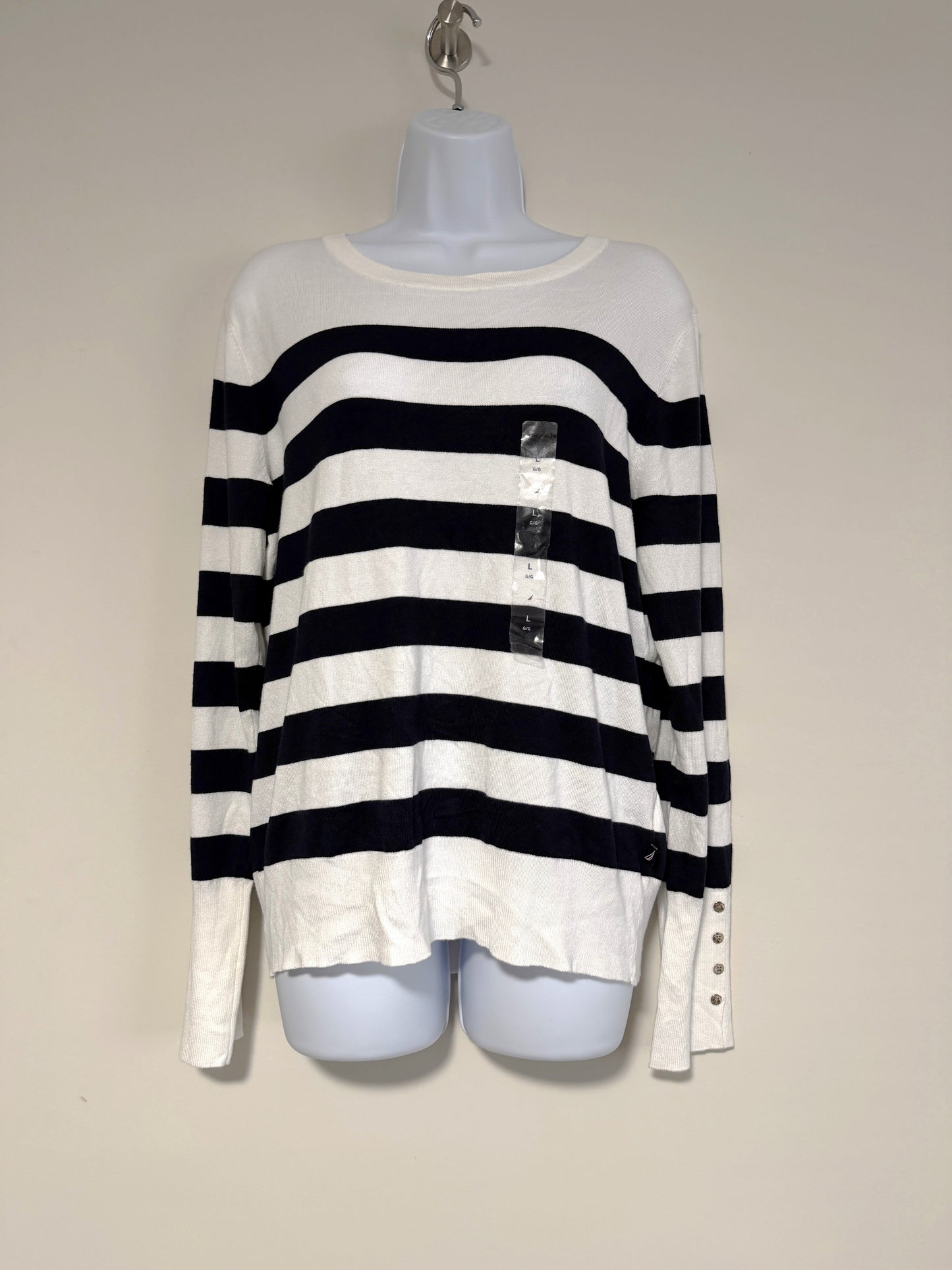 Nautica Jeans Women's Large Black & White Striped Button-Cuff Sweater NWT