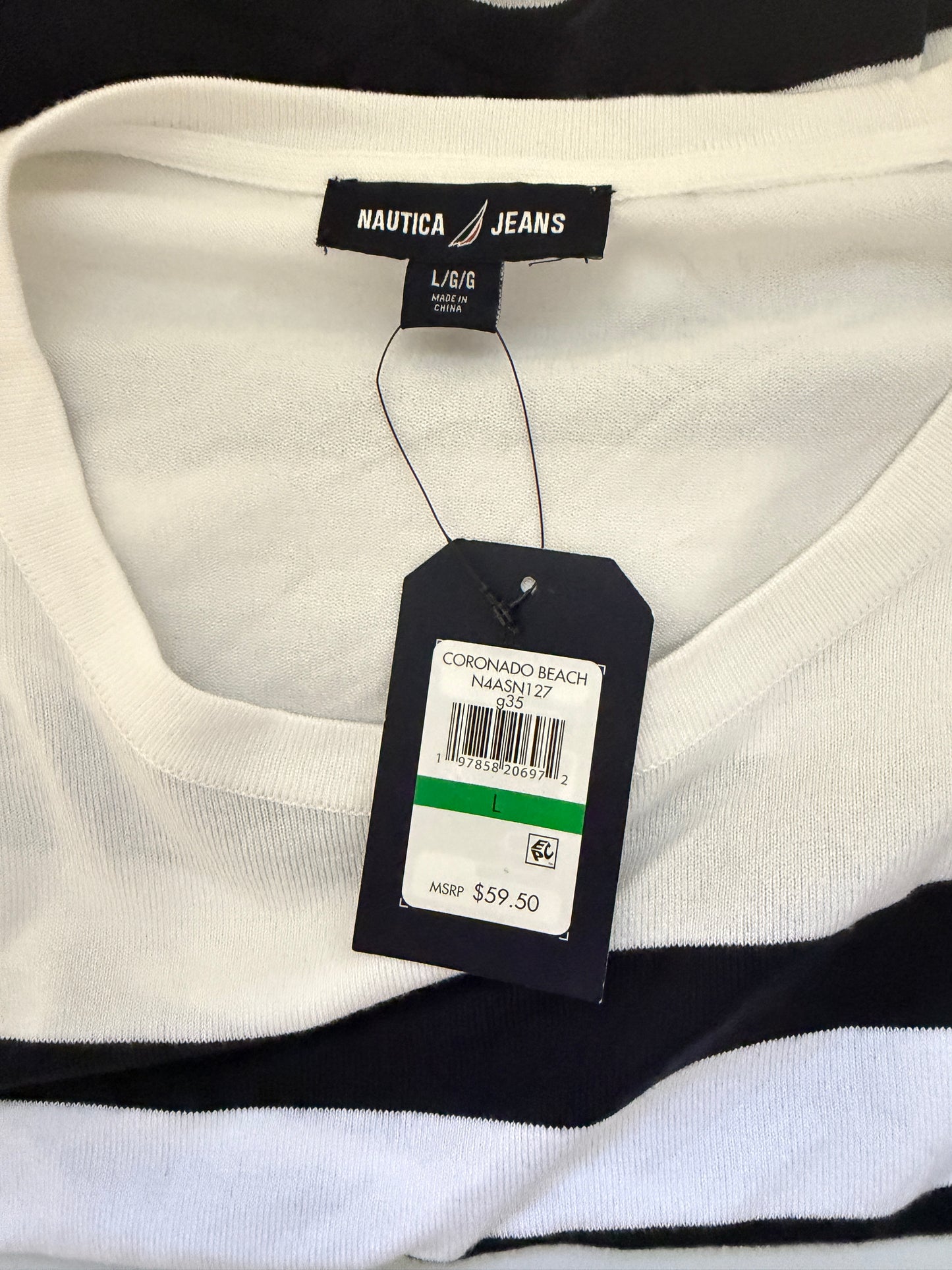 Nautica Jeans Women's Large Black & White Striped Button-Cuff Sweater NWT