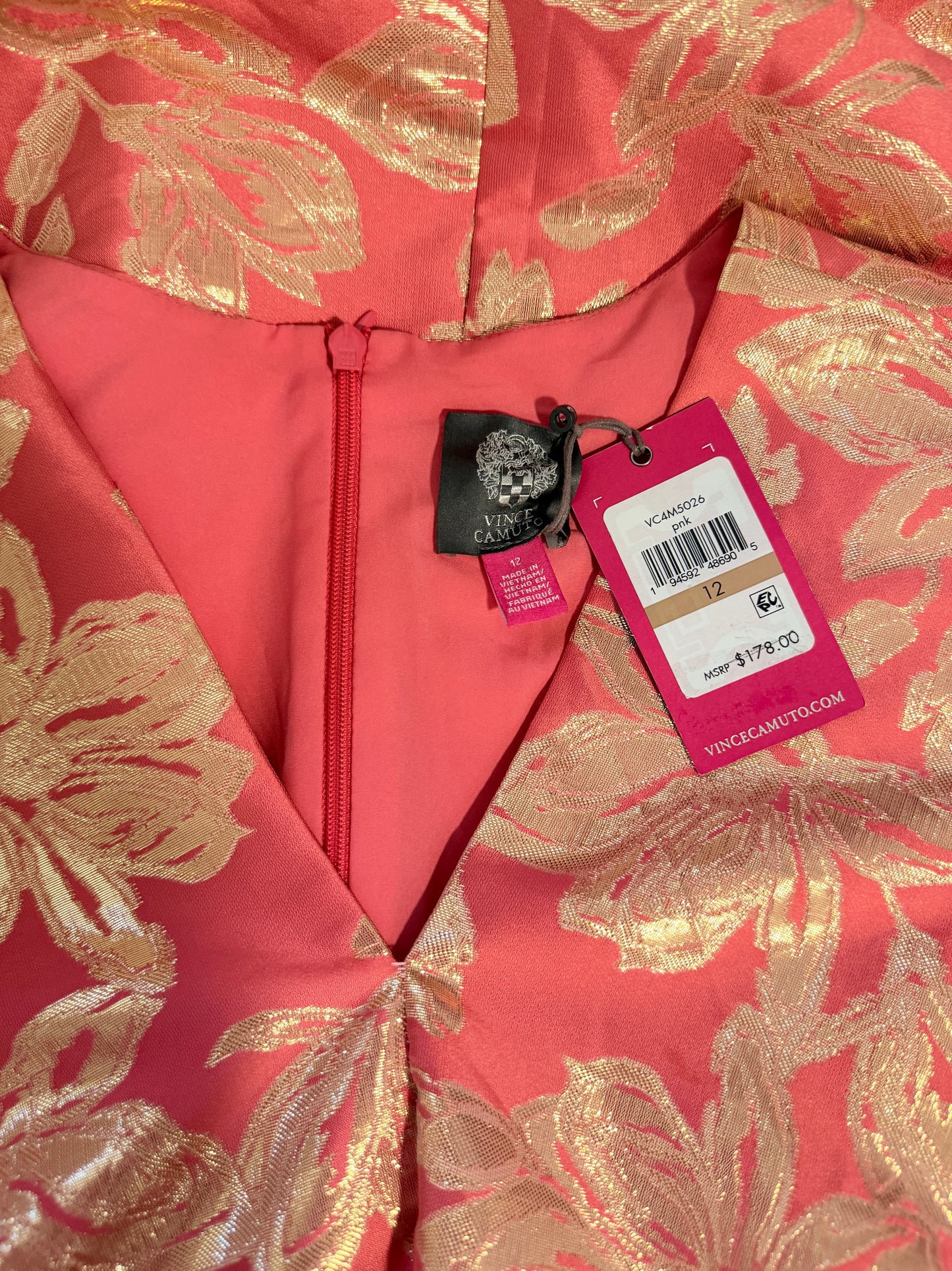 Vince Camuto Size 12 Pink & Gold Floral Jacquard Fit Flare Dress NWT