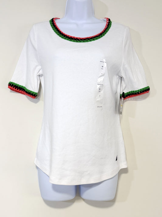 Nautica Jeans Size Medium White Crochet Trim Tee Short Sleeve T-Shirt NWT