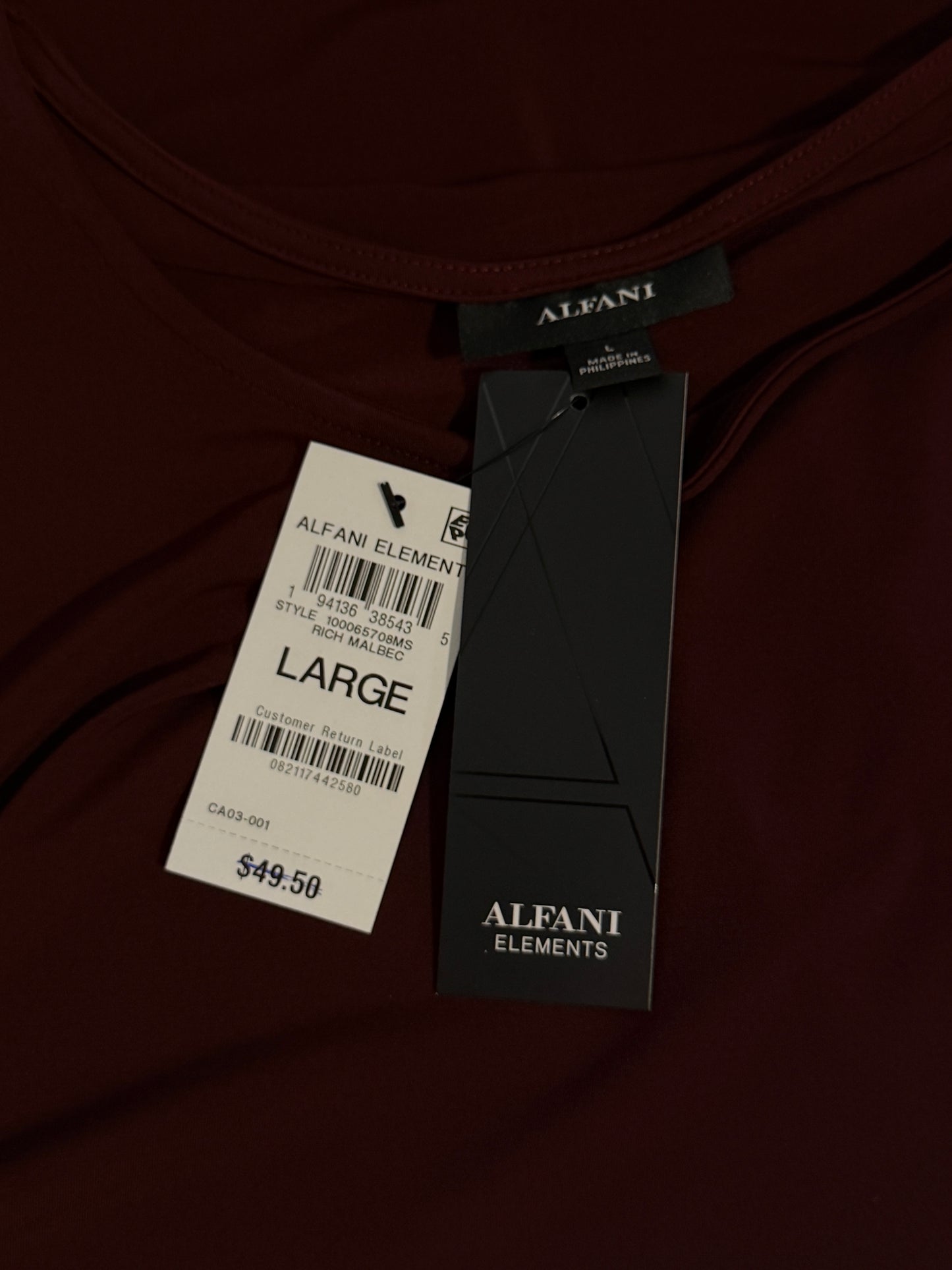 Alfani Women's Large Burgundy 3/4 Sleeve High-Low Tunic Top NWT