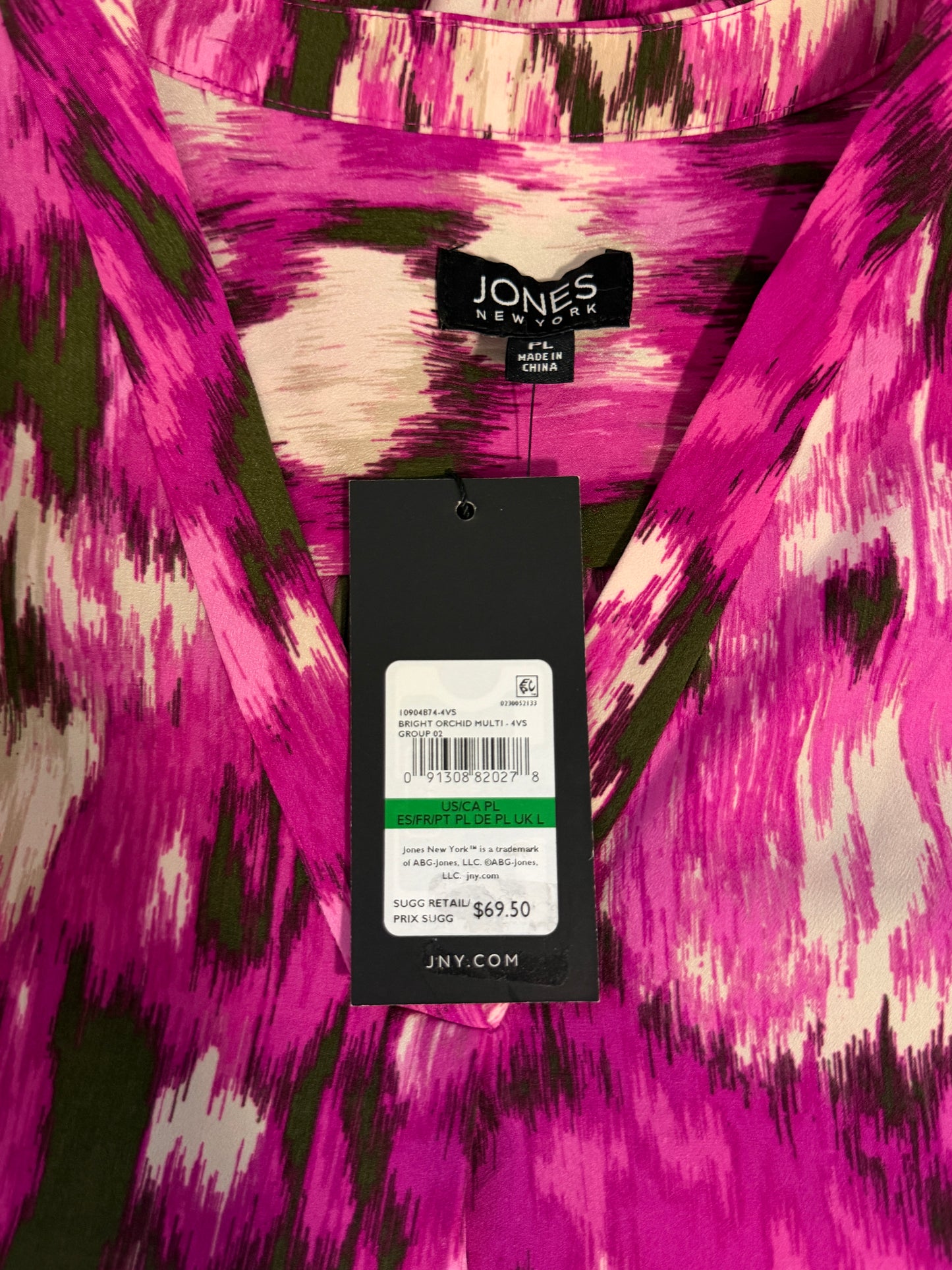 Jones New York Size Petite Bright Pink Multi Print Blouse NWT