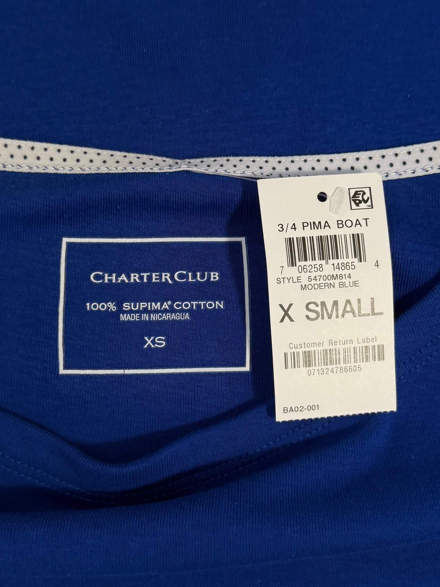 Charter Club Extra Small Dark Blue Pima 100% Cotton Boat-Neck Top NWT