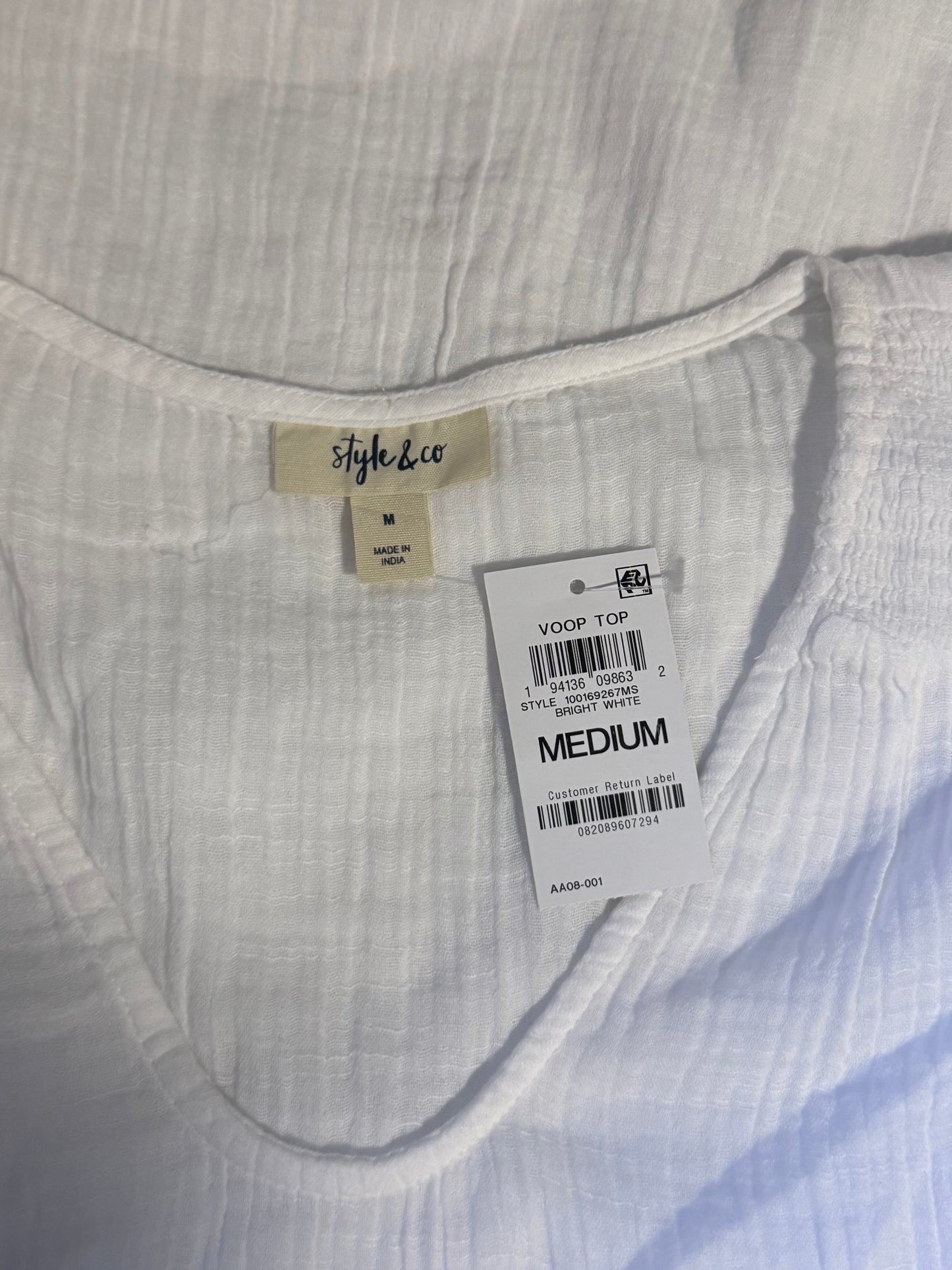 Style & Co White Ruffle Sleeve V-Neck Flutter-Sleeve Blouse Top NWT