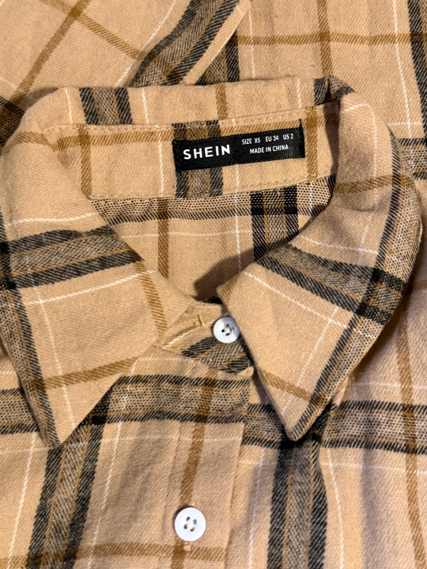 Shein Women's Beige & Brown Plaid Button-Down Collard Shirt NIB