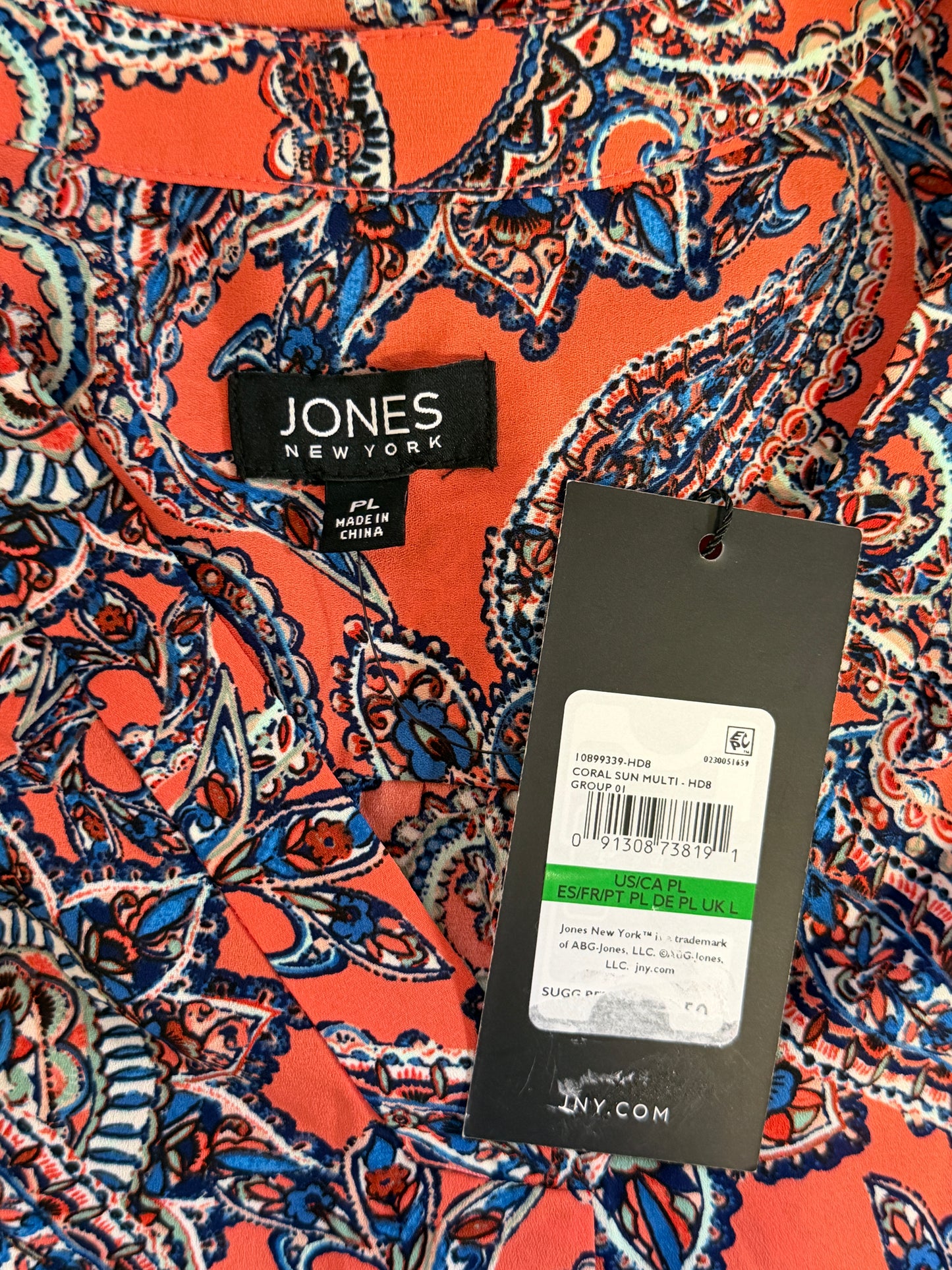 Jones New York Women's Petite Coral Printed V-Neck 3/4 Sleeve Top NWT