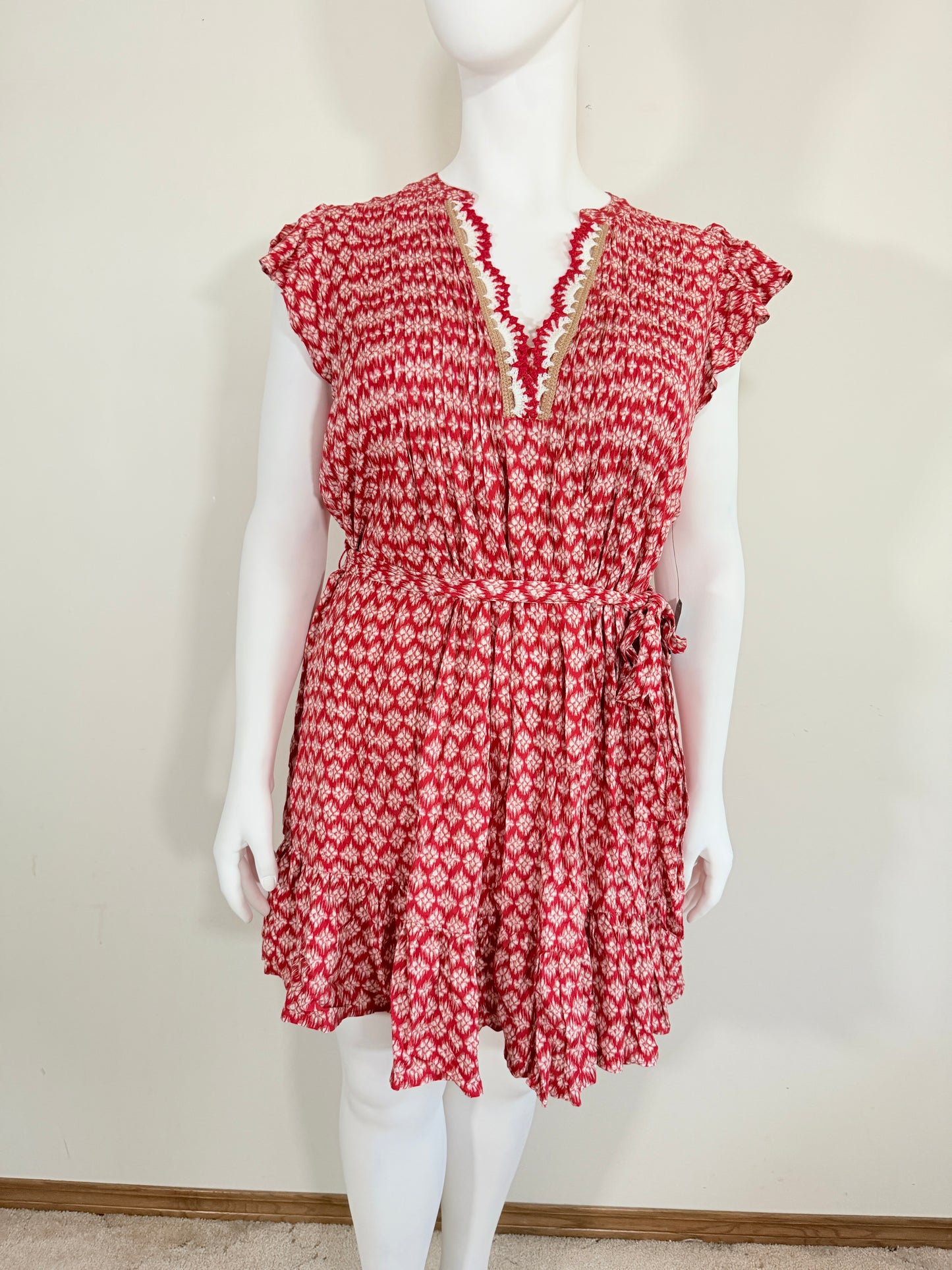 Nautica Jeans Women's Red Crochet-Trim Flutter-Sleeve Mini Dress NWT