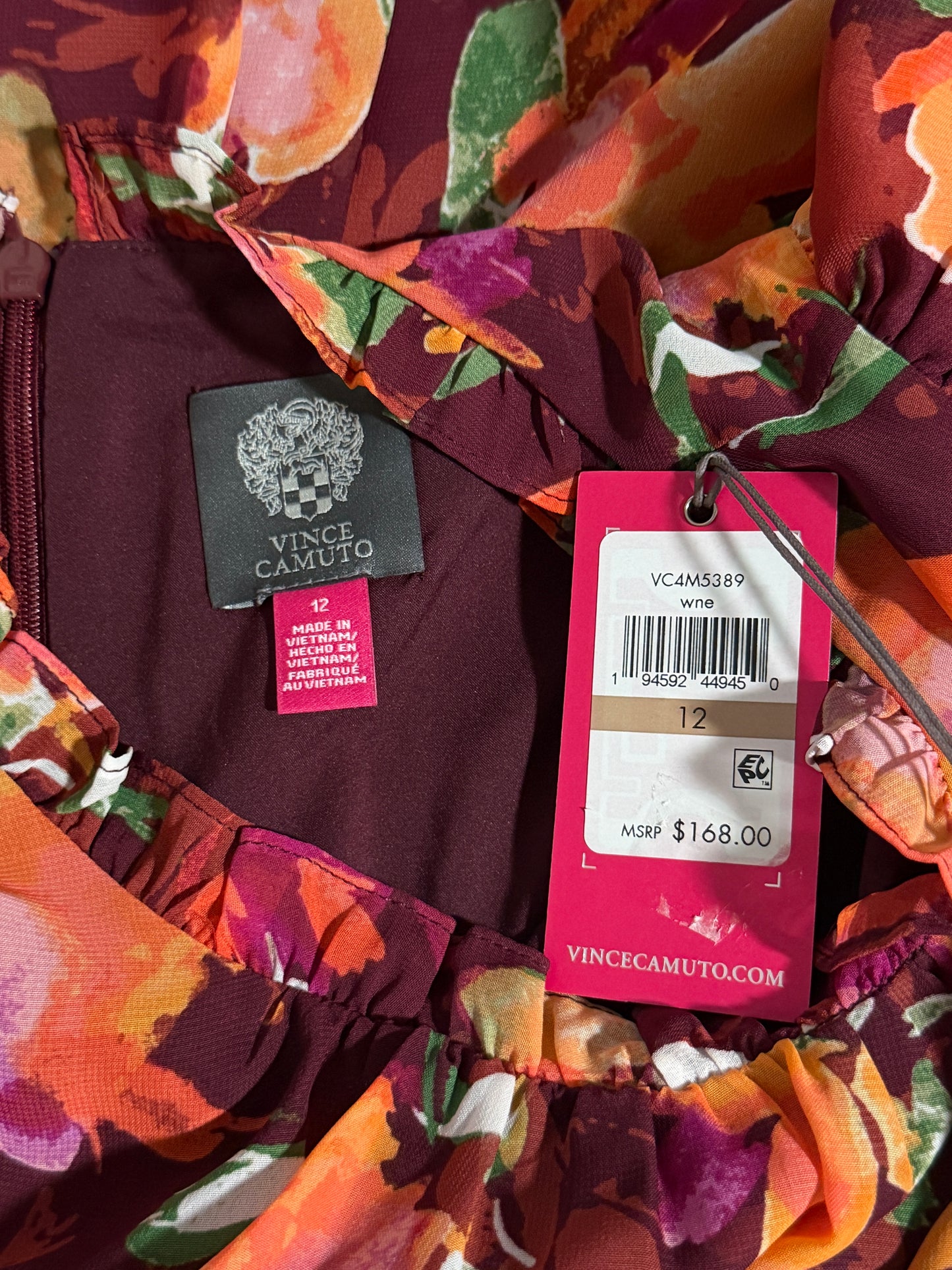 Vince Camuto Women's Burgundy Floral Ruffle Chiffon Maxi Dress NWT