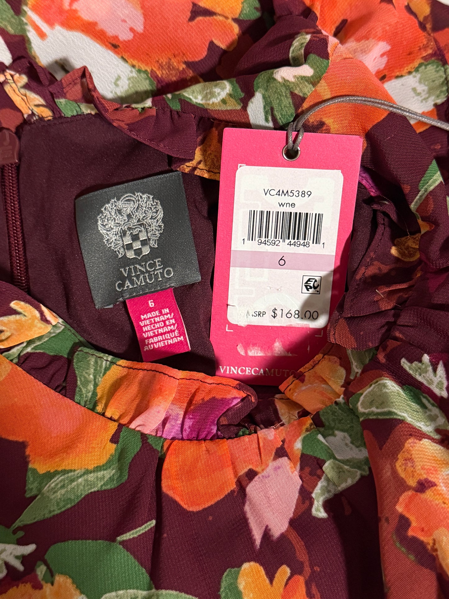 Vince Camuto Women's Burgundy Floral Ruffle Chiffon Maxi Dress NWT