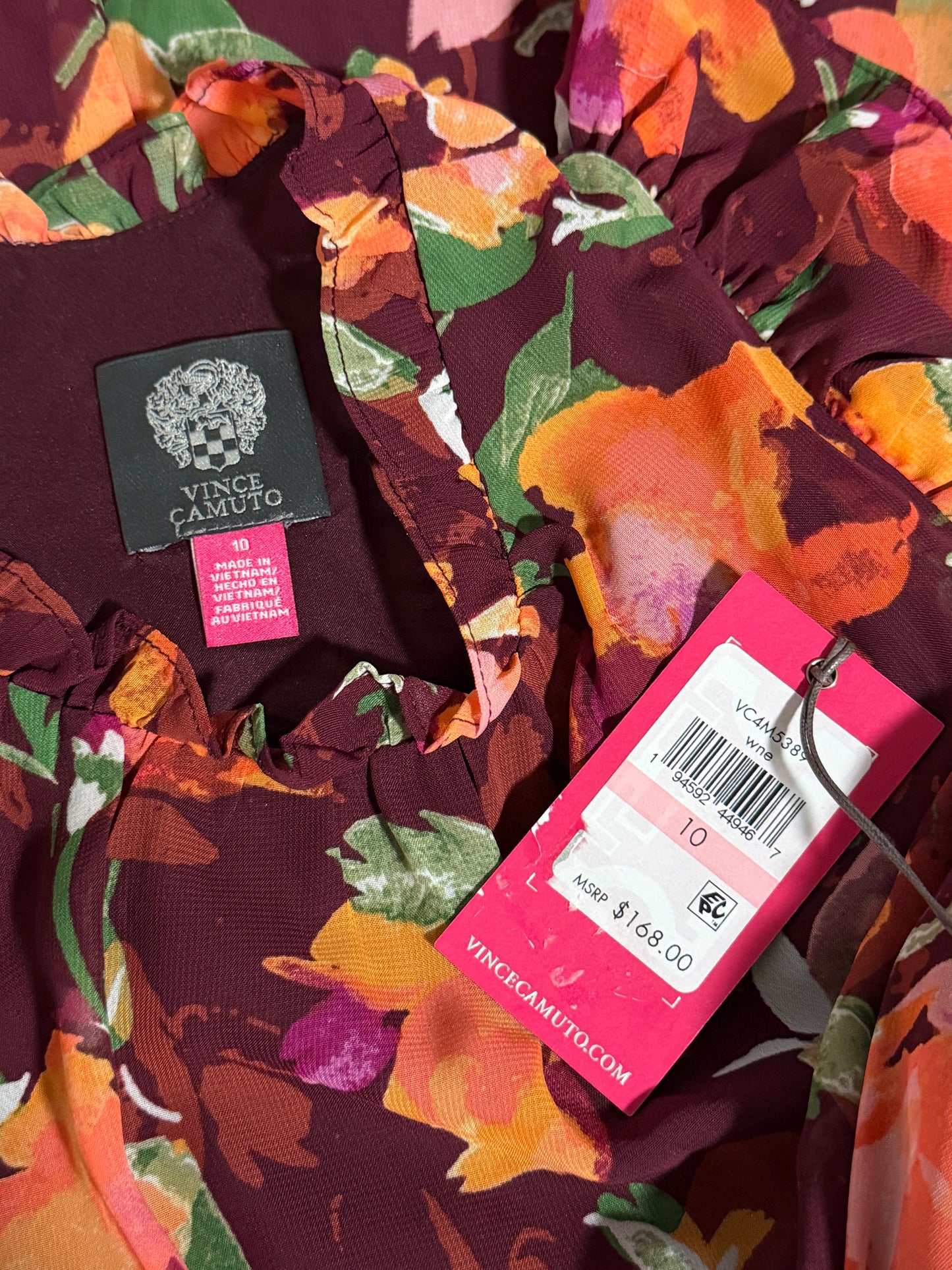 Vince Camuto Women's Burgundy Floral Ruffle Chiffon Maxi Dress NWT
