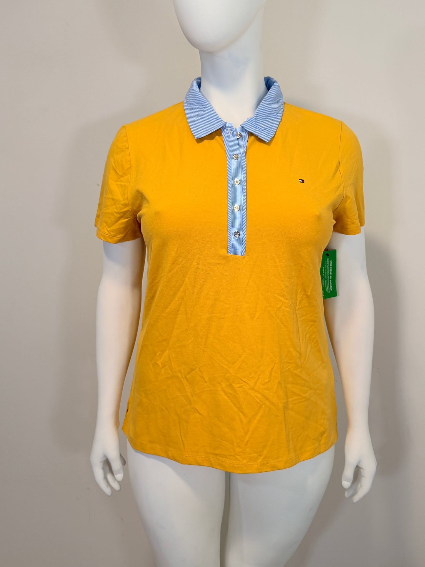 Tommy Hilfiger Extra Small Yellow & Striped-Collar Polo Short Sleeve Top NWT