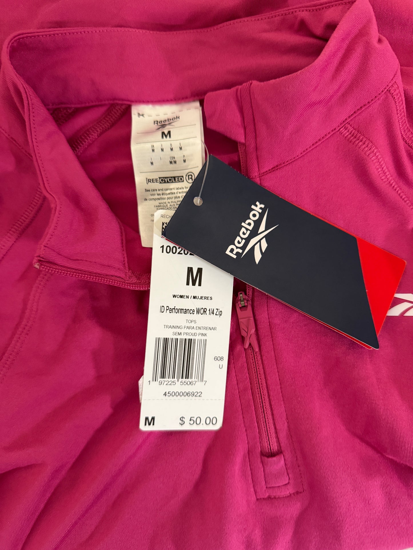Reebok ID Performance Size XS 1/4 Zip Hot Pink Workout Top NWT