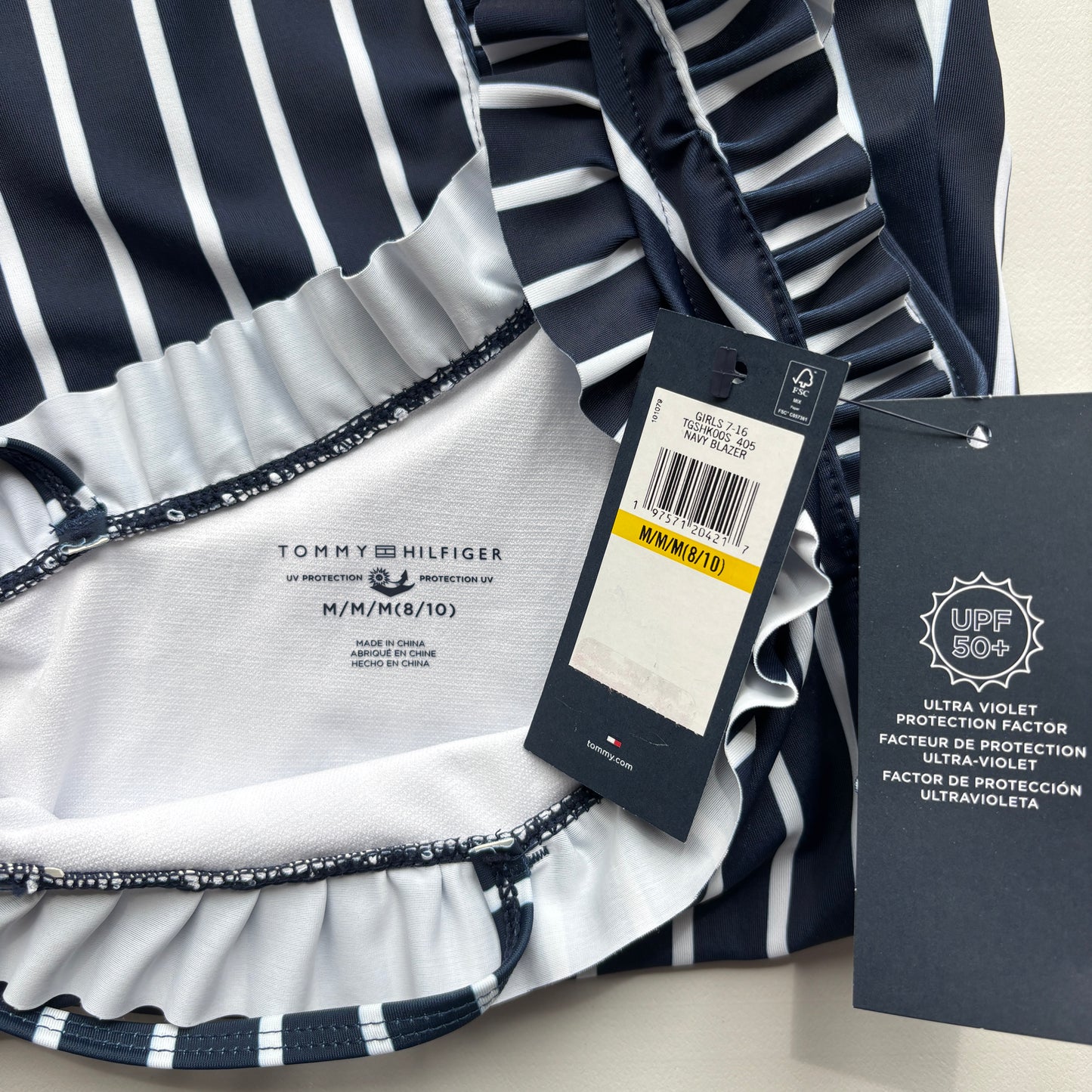 Tommy Hilfiger Big Girls Size M/8/10 Navy & White Stripe One Piece Swimsuit NWT