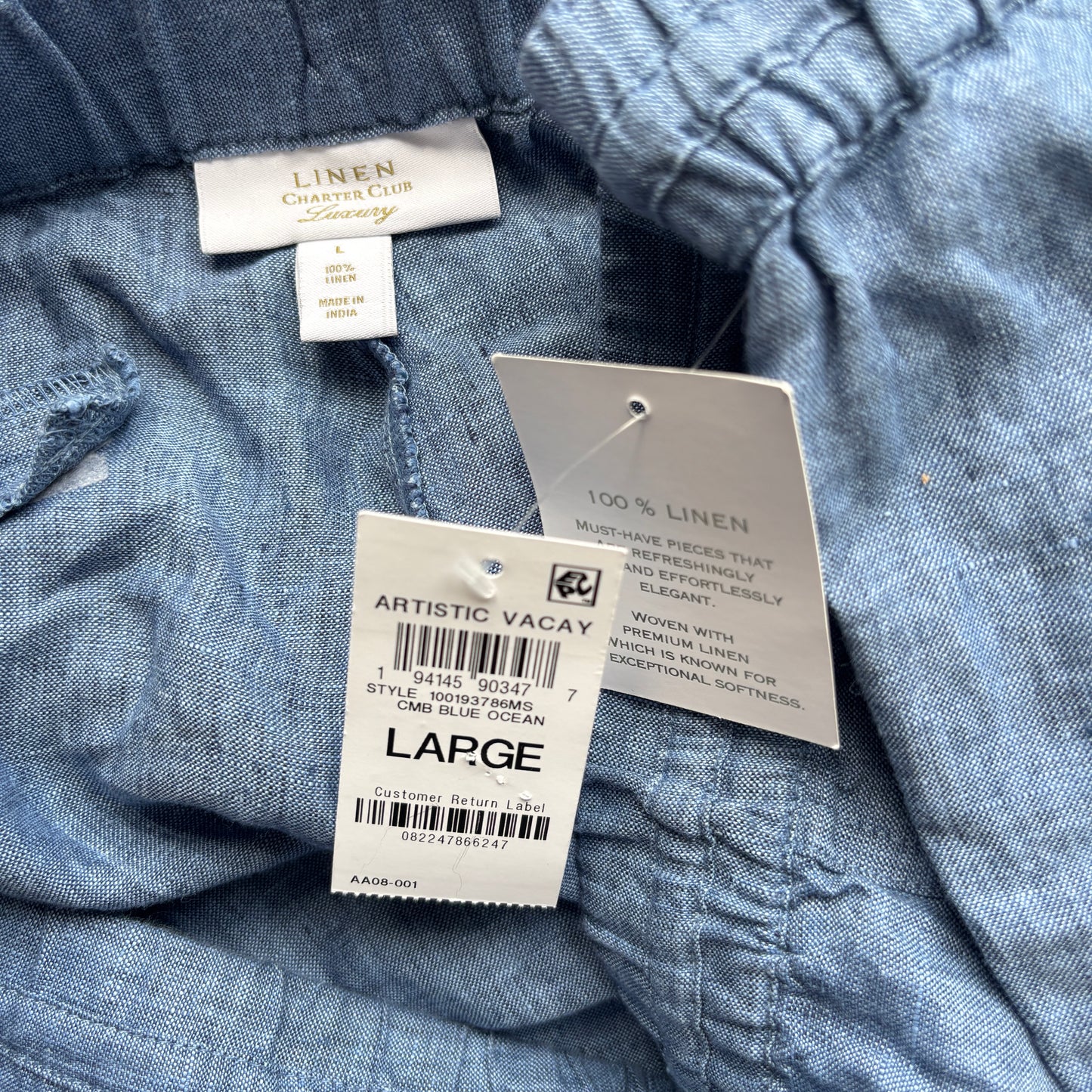 Charter Club Luxury Line Blue Petite 100% Linen Drawstring Pants NWT