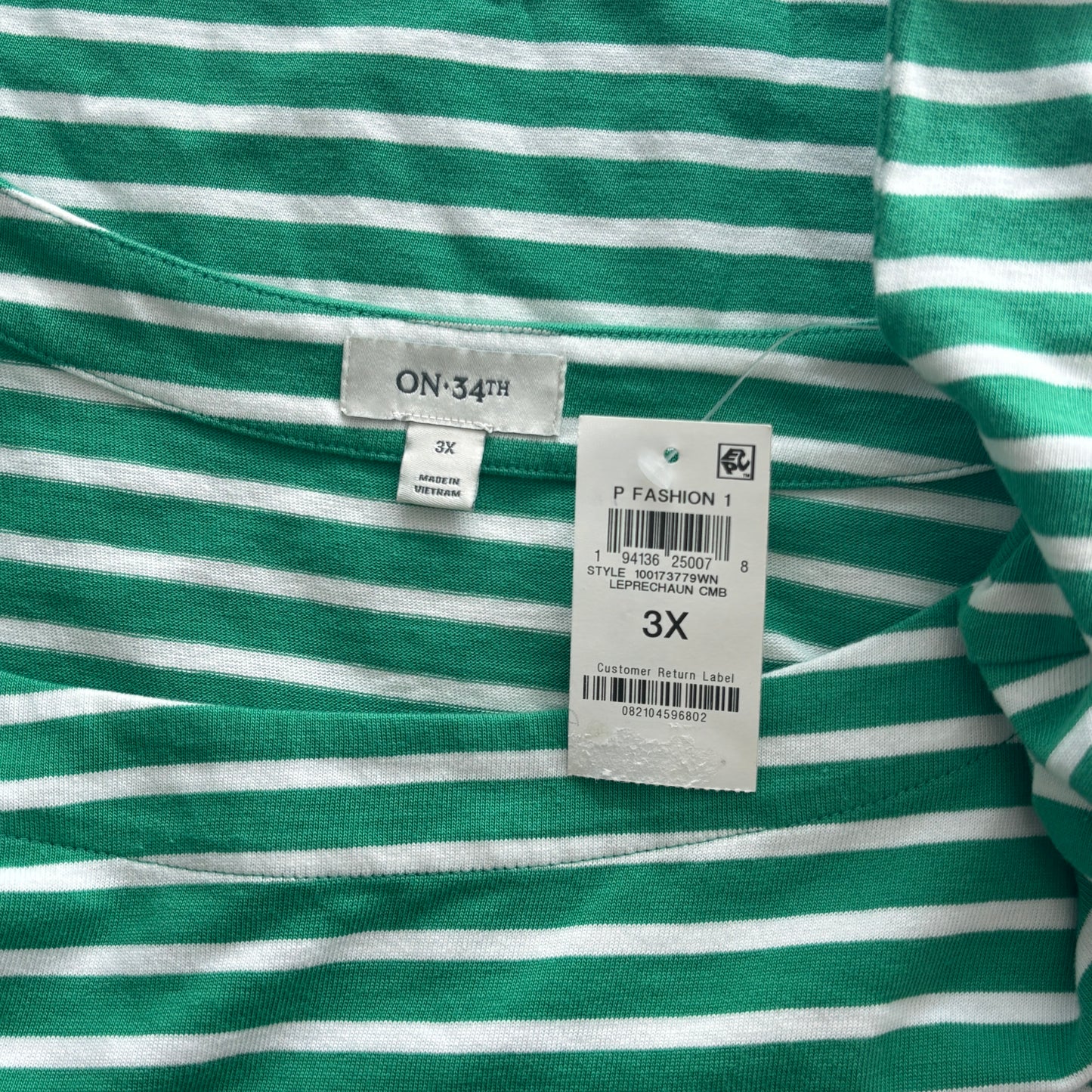 On 34th Plus Size Heavyweight Cotton Striped Boat-Neck 3/4 Sleeve Top NWT