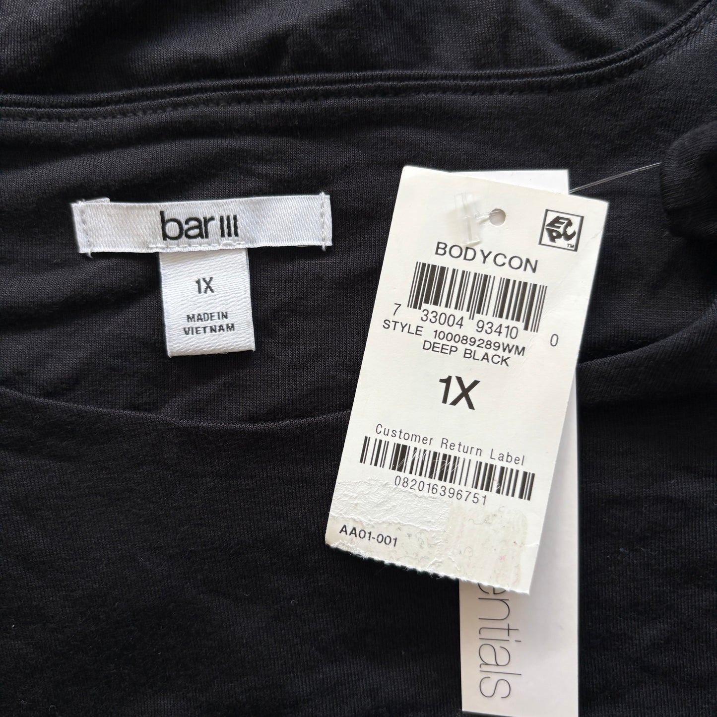 Bar III Plus Size 3X Black Bodycon Long-Sleeved Jersey Top NWT