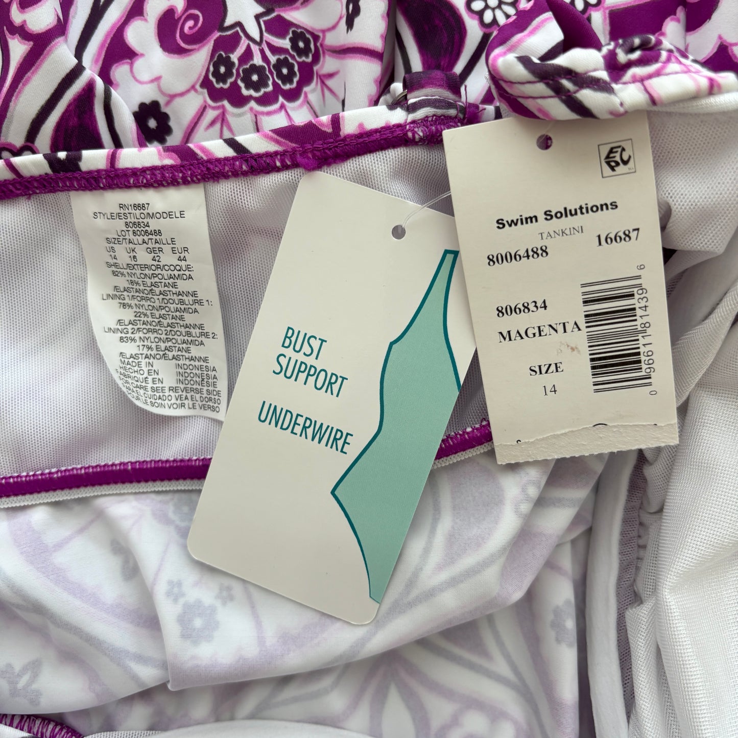 Swim Solutions Women's Plus Size Purple & White V-Neck Tankini Top NWT