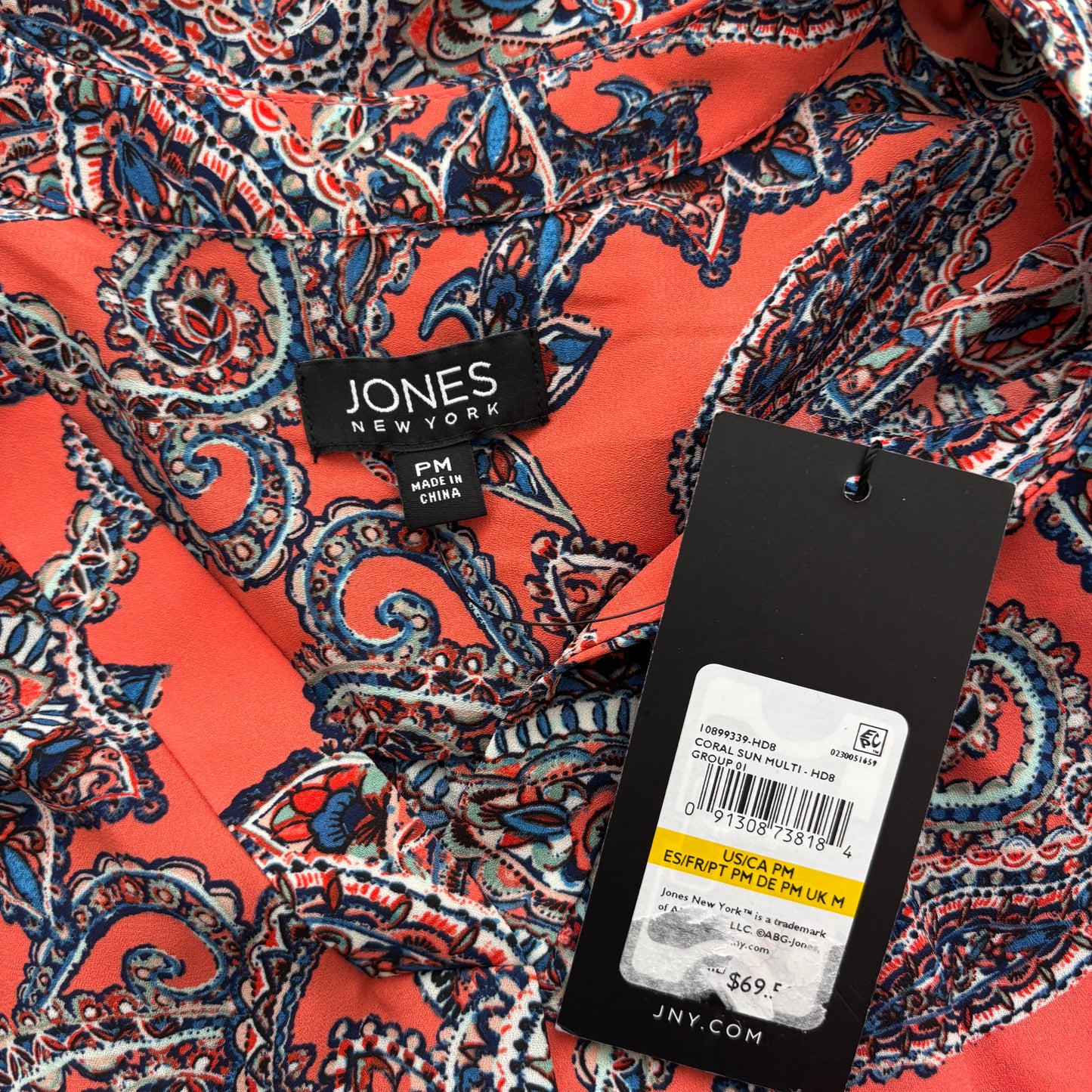 Jones New York Women's Petite Coral Printed V-Neck 3/4 Sleeve Top NWT