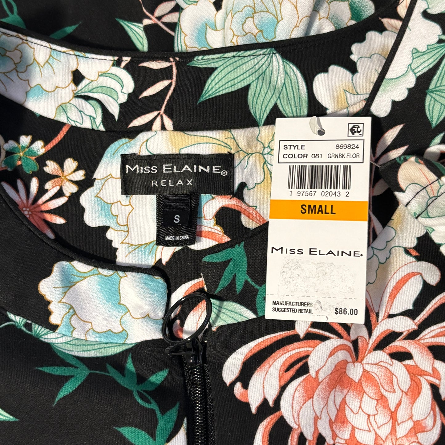 Miss Elaine Women's Black and Floral Printed 3/4-Sleeve Zip-Front Long Robe NWT