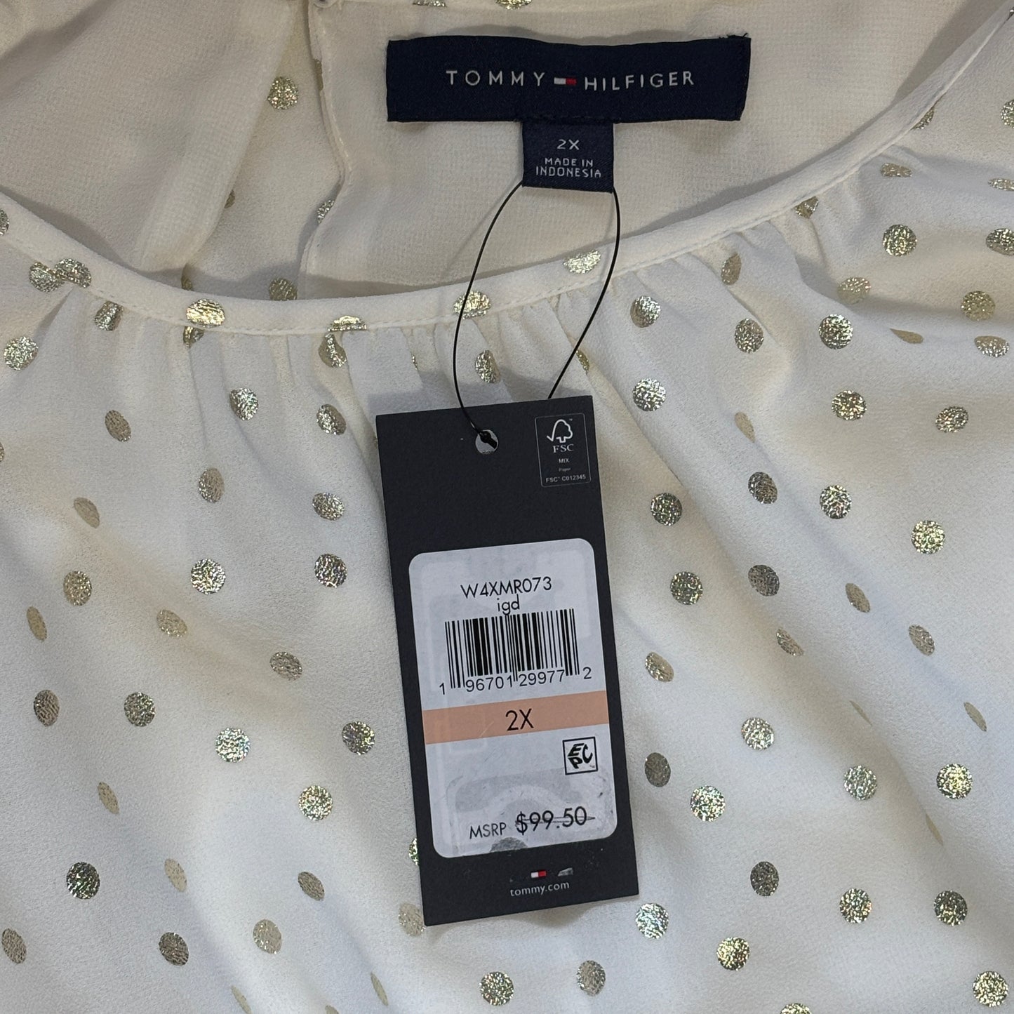 Tommy Hilfiger Plus Size White w/ Gold Metallic-Dot Bloused Peasant Top NWT