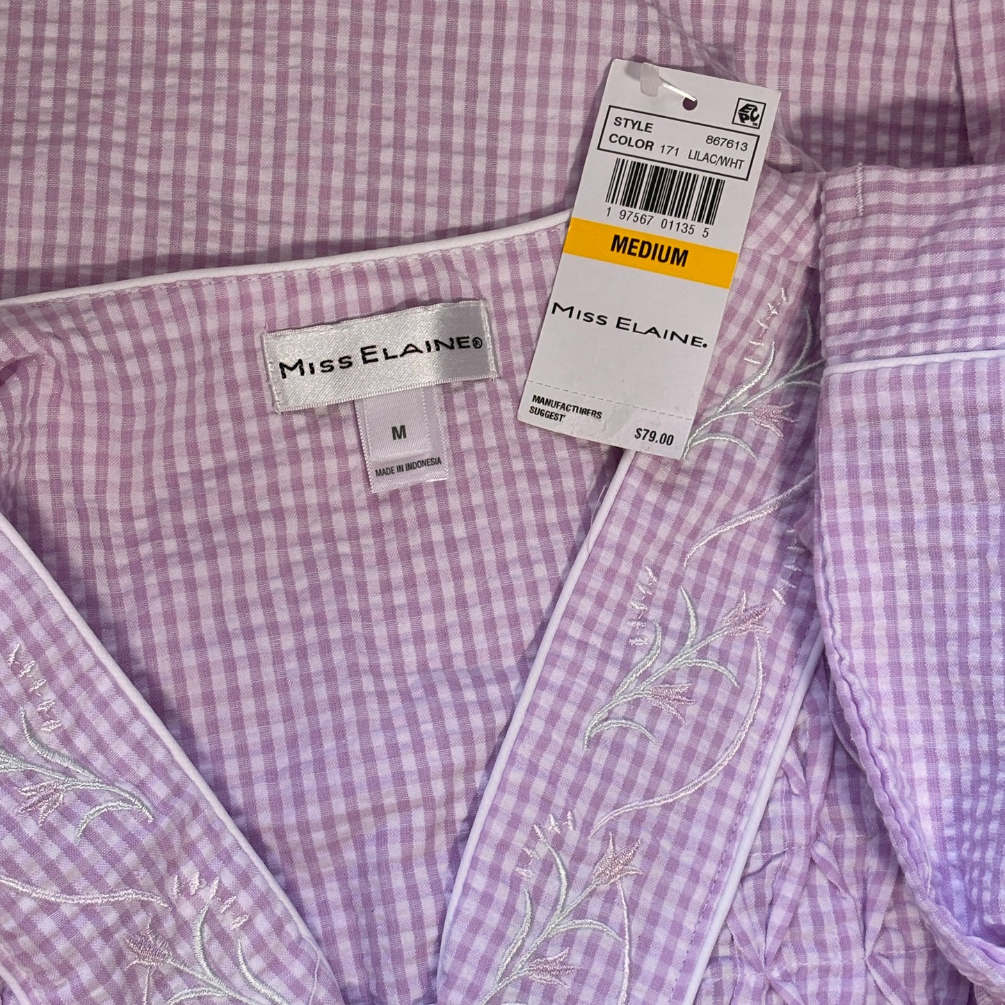 Miss Elaine Women's Purple & White Checkered 3/4-Sleeve Zip-Up Robe NWT