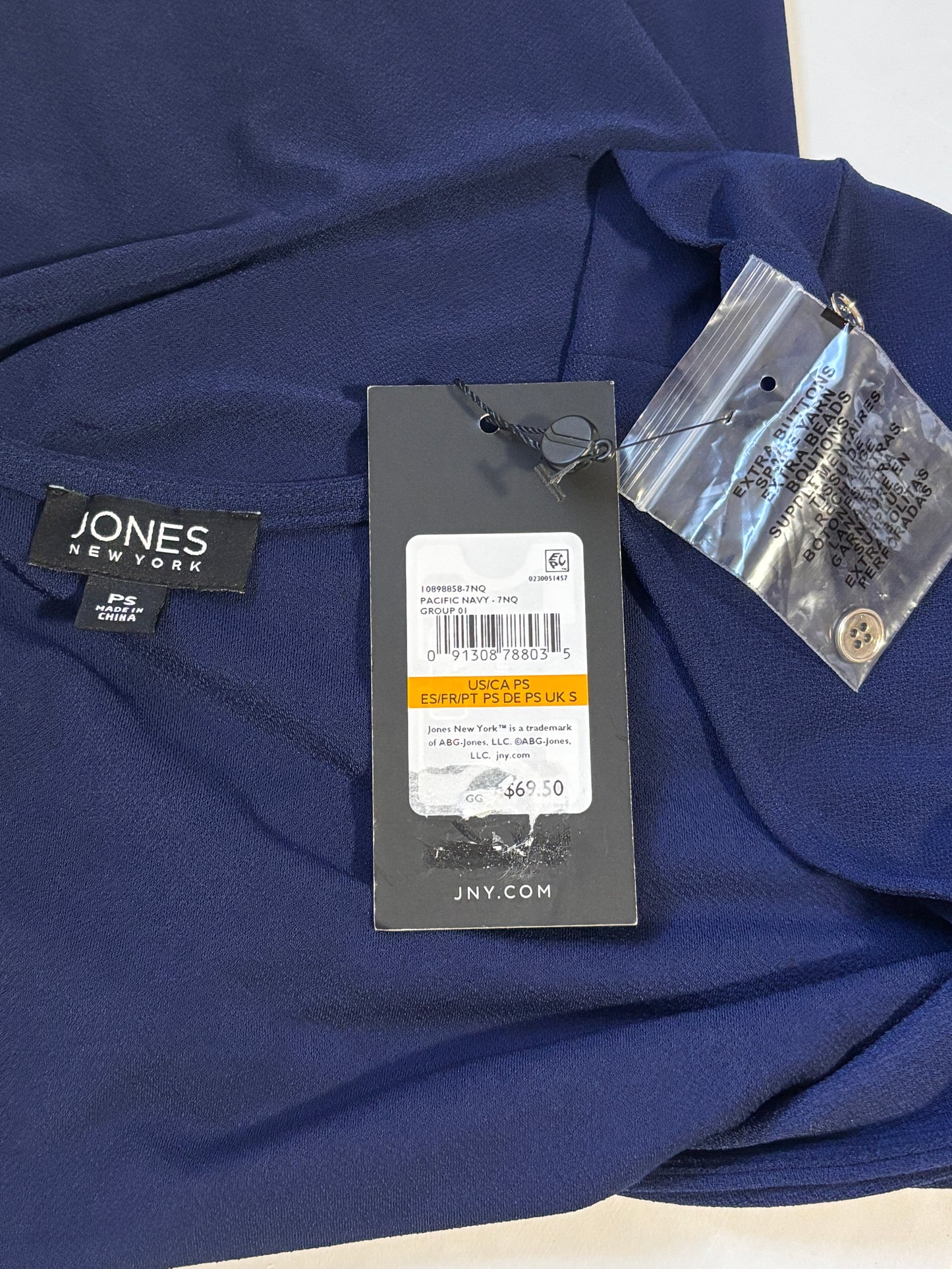 Jones New York Women's Petite Navy Blue D-Ring 3/4-Sleeve Top NWT