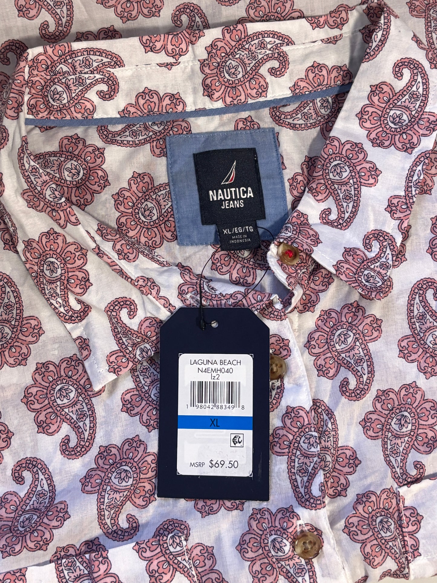 Nautica Jeans Women's Sleeveless Button Down Paisley Shirt White & Pink NWT