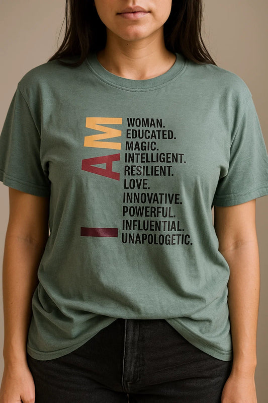 Shein Women's Blue "I AM..." Affirmations Graphic T-Shirt Size Large NIB