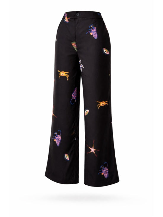 SHEIN Size Medium Black Printed Wide Leg High Waist Pants NWT