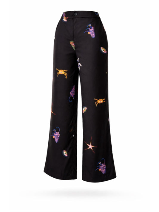 SHEIN Size Medium Black Printed Wide Leg High Waist Pants NWT