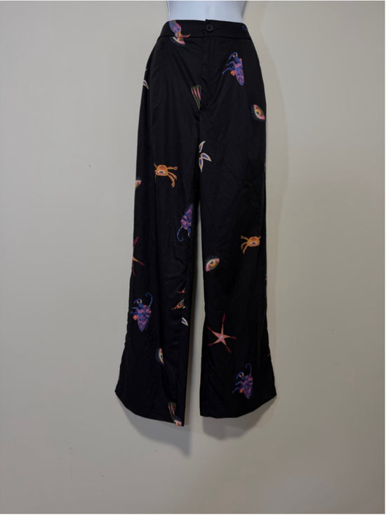 SHEIN Size Medium Black Printed Wide Leg High Waist Pants NWT