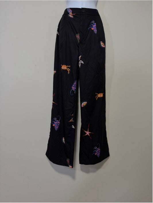 SHEIN Size Medium Black Printed Wide Leg High Waist Pants NWT