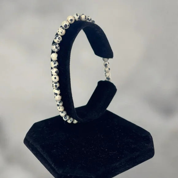 4mm Dalmatian Stone Beaded Stretchy Cream & Black Bracelet