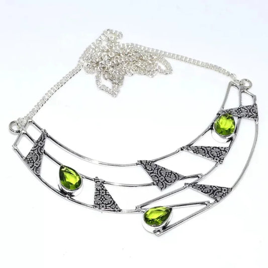 925 Silver Plated Green Peridot Semi-Precious Gem Necklace Jewelry