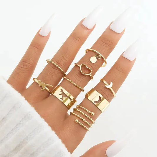 9PCS Gold Chic Ring Set Heart Dinosaur Moon Stacking Ring Set Women's