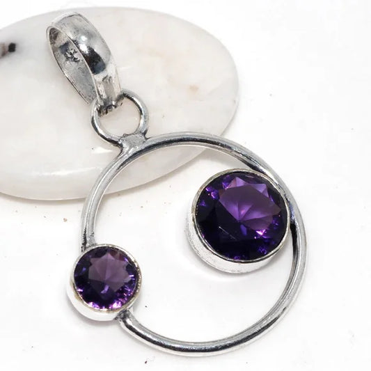 925 Silver Plated Purple Amethyst Semi-Precious Gemstone Handmade Pendant