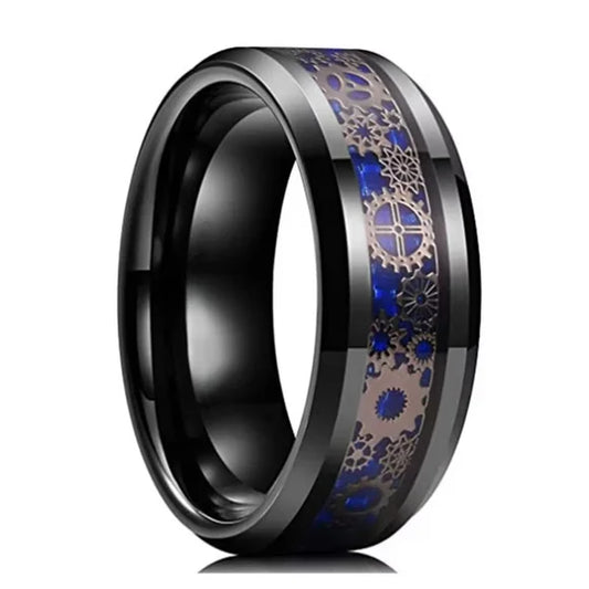 Men’s Bold Gear Ring – Black with Blue Inlay, Stainless Steel