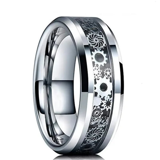 Men’s Bold Gear Ring – Silver with Black Inlay, Stainless Steel
