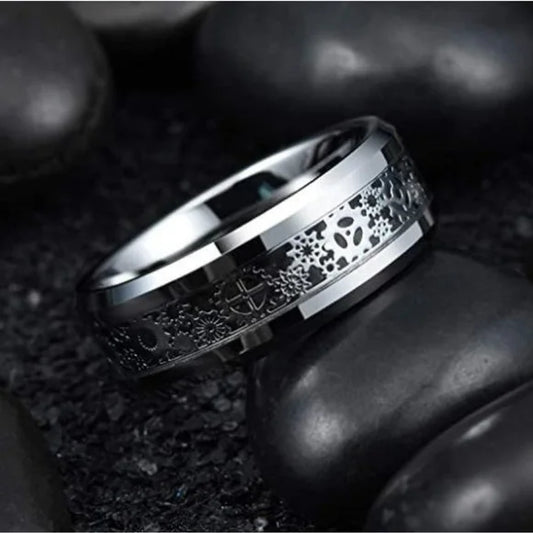Men’s Bold Gear Ring – Silver with Black Inlay, Stainless Steel