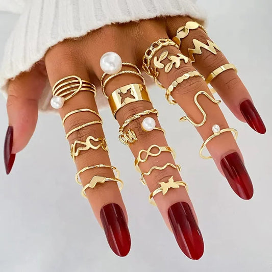 20PCS Gold Aesthetic Ring Set Pearl Wave Leaf Infinity Knuckle Rings Women