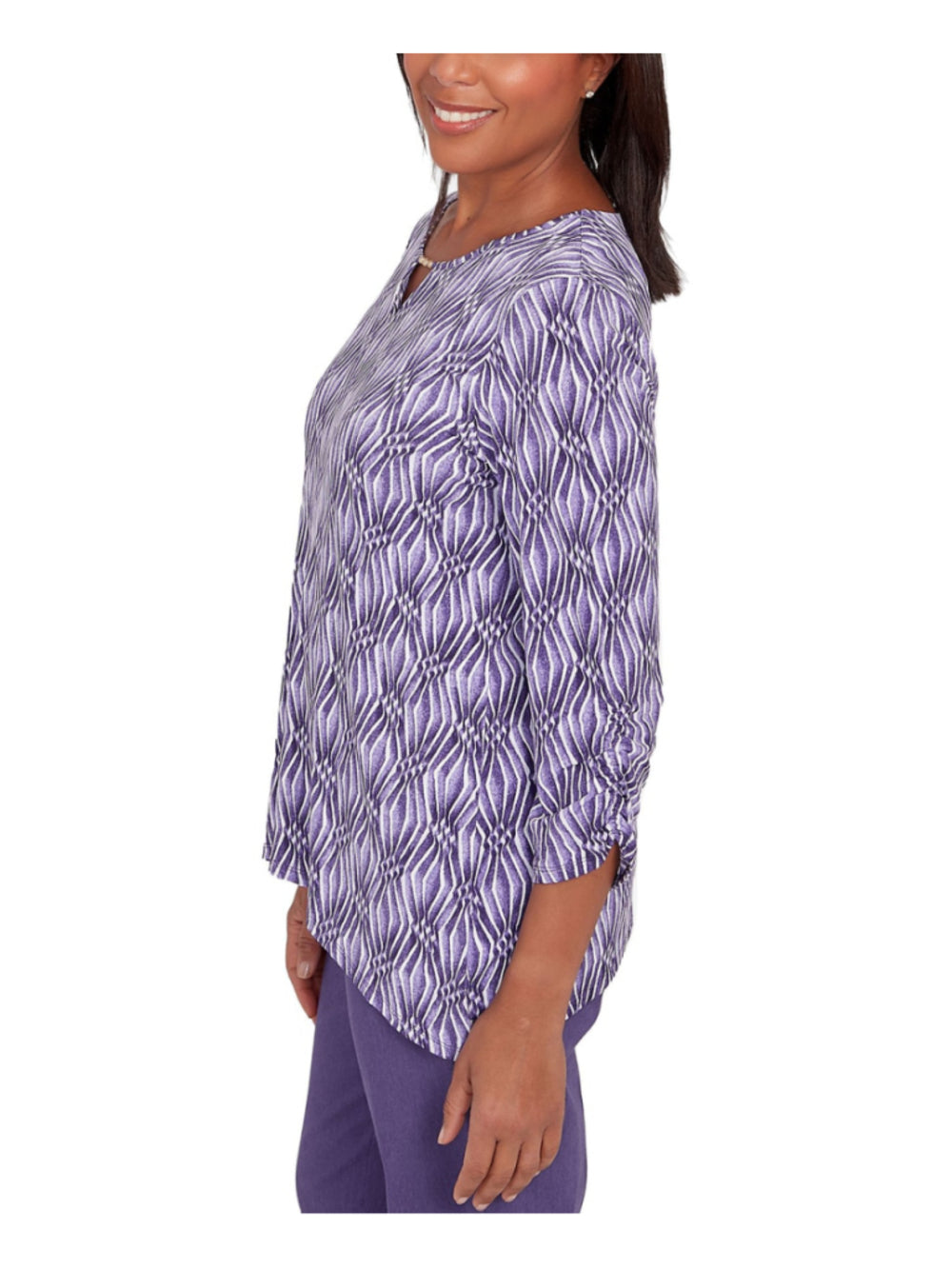 Alfred Dunner Medium Petite Purple & White Diamond Print Top / Blouse NWT
