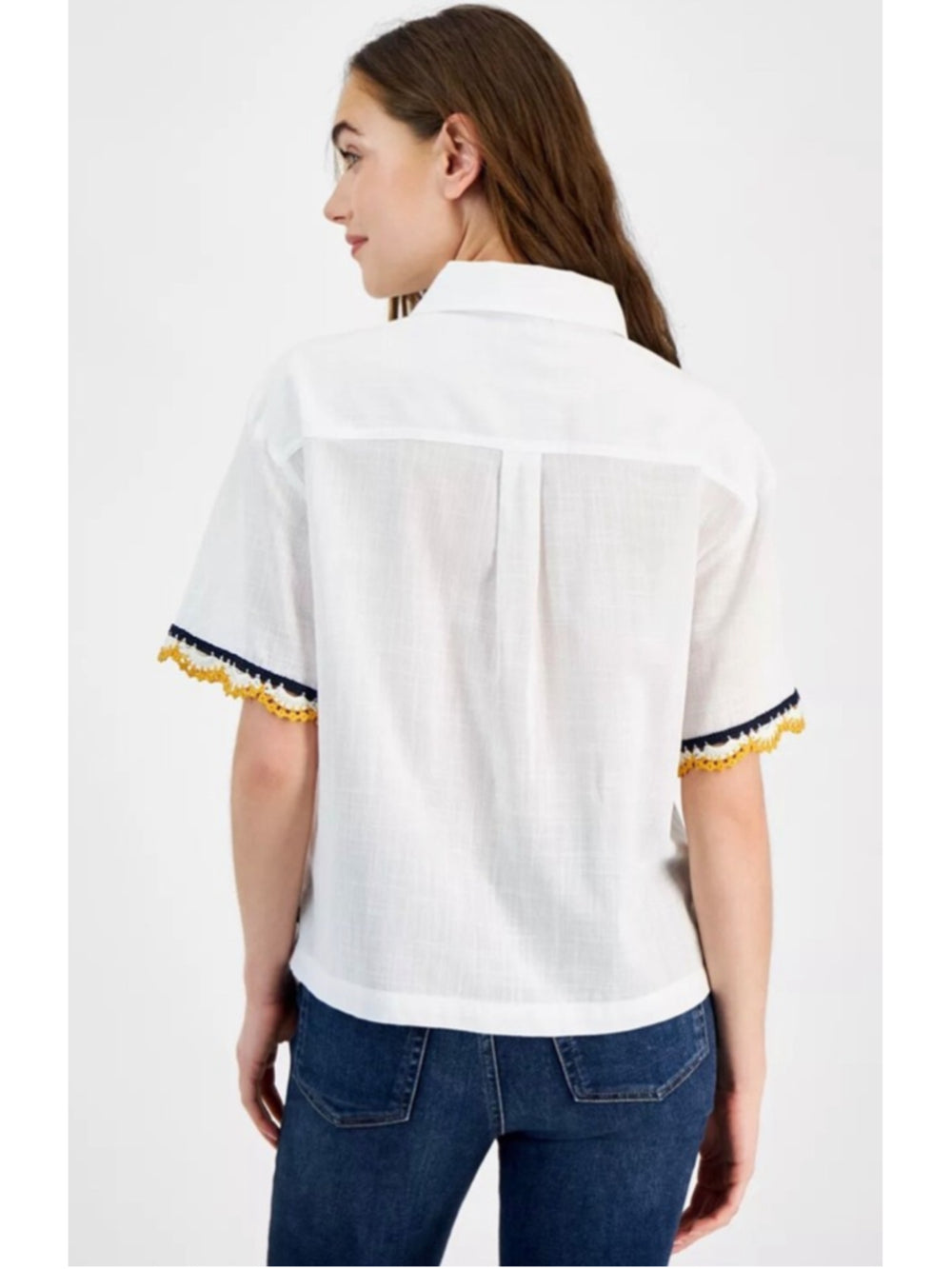 Nautica Size Extra Small White Short-Sleeve Crochet-Trim 100% Cotton Shirt NWT