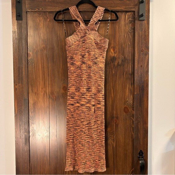 DKNY Women's Crossover-Neck Space-Dyed Bodycon Orange & Black Sweater Dress NWT