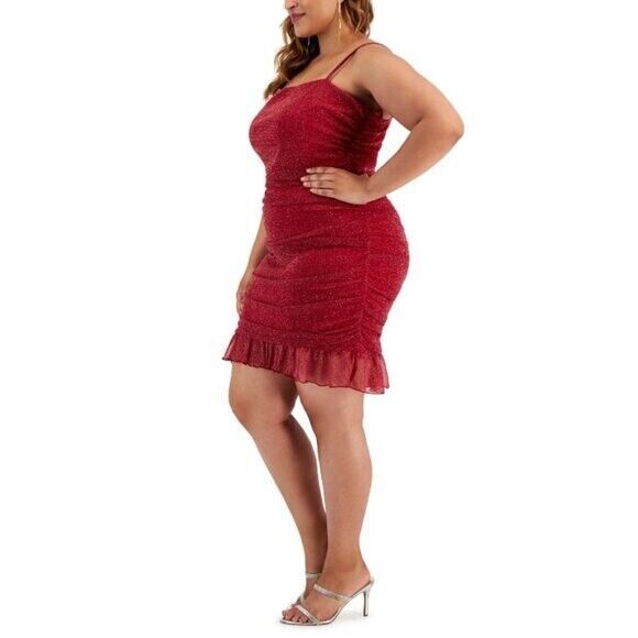 CITY STUDIOS Plus Size Ruched Red Metallic/Sparkly Mesh Mini Dress NWT
